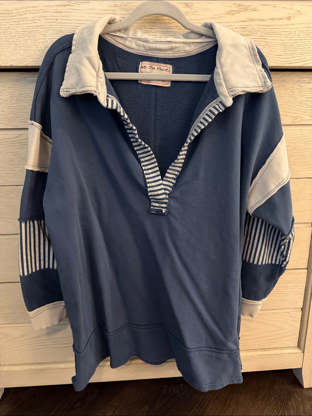 Free People Blue & Gray Striped Collared Pullover